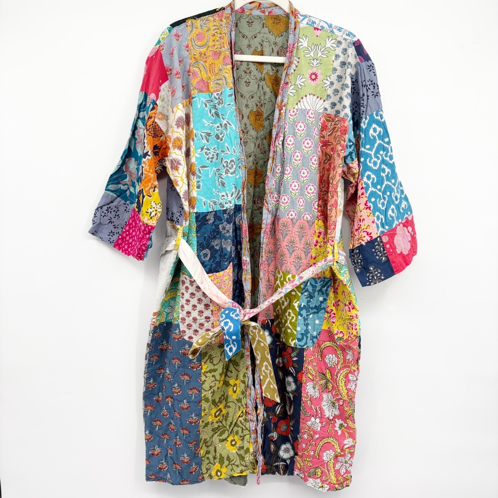 Womens Patchwork Boho Hippie Artisan Block Print Cotton Kimono Robe One Size